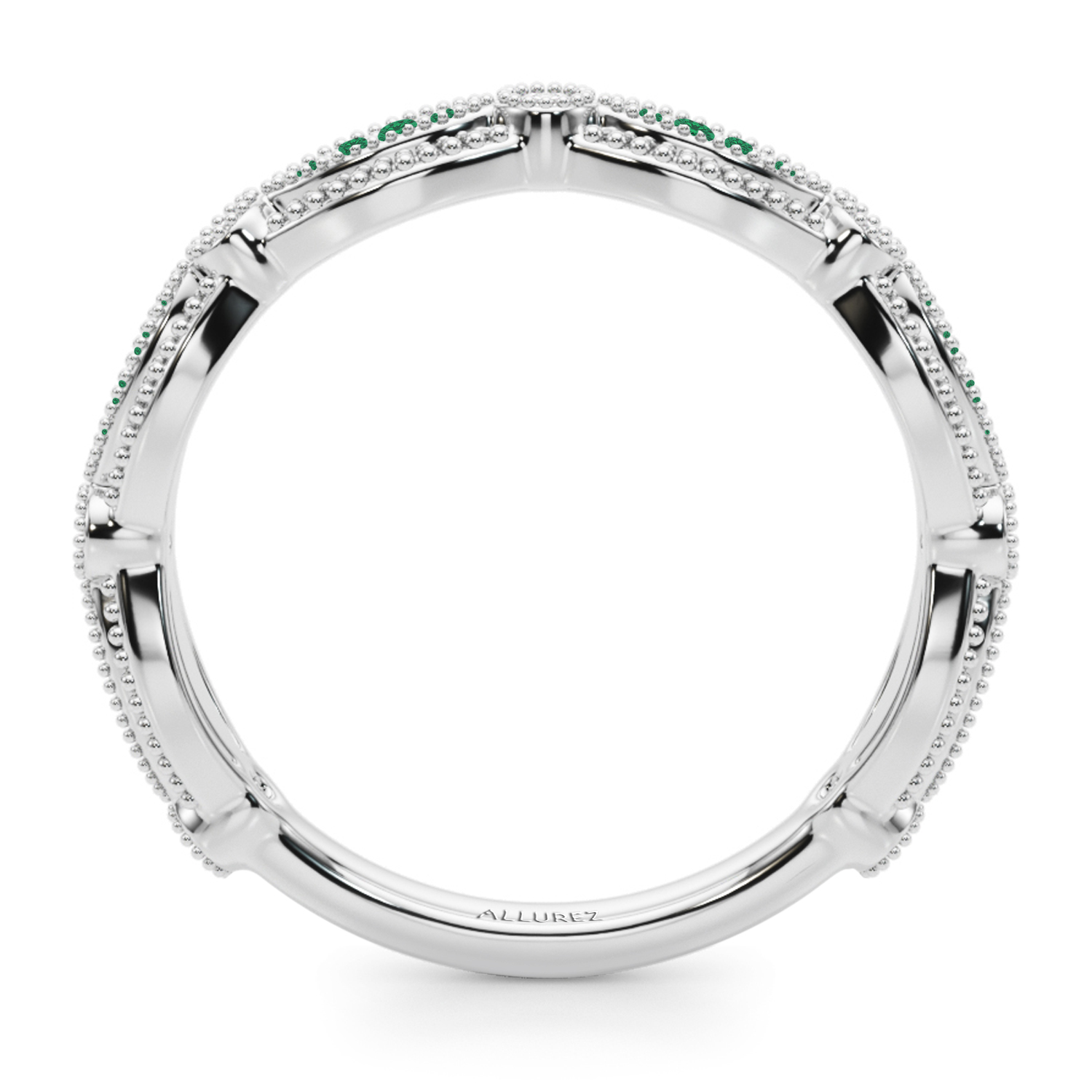 Antique Style Emerald & Diamond Wedding Ring Band 14K White Gold (0.20ct)